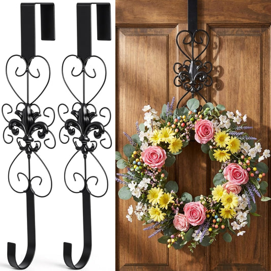 Otoolling 2 Pcs Wreath Hangers for Front Door Heavy Duty Metal Wreath Hook 15.5 Inch Door Hanger Elegant Design Decor Wreaths Hanger for Easter Christmas Indoor Outdoor (Black)