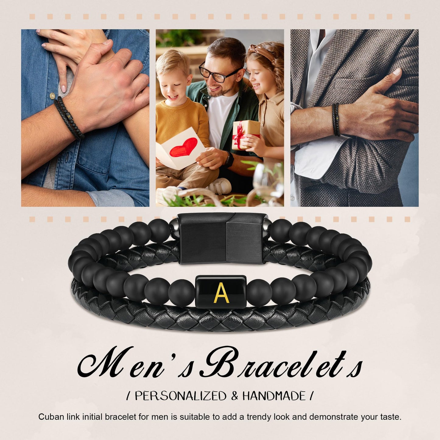 Leather Bracelets for Men - Mens Bracelet with Initial Matte Agate Bead Magnetic Clasp Black Mens Leather Bracelets for Men Gifts Black Initial Q Bracelet for Men's Jewelry Men's Gifts for Dad Husband