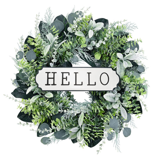 24'' Hello Door Wreath 24inch Boxwood Wreath Farmhouse Eucalyptus Flocked Lambs Ear Wreaths for Front Door Hanging Wall Window Party Decoration