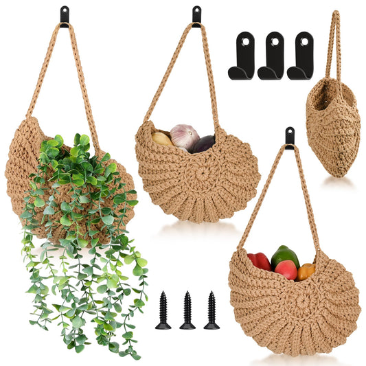 Boho Decor Hanging Wall Baskets for Kitchen, Seashell-Shaped Cotton Fruit Storage for Onion Vegetable Potato, 3 Pack Handwoven Wall Organizer with Hooks, Screws & Nuts