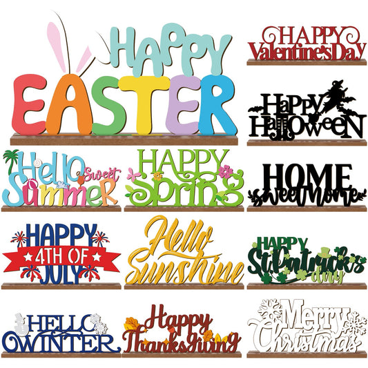 12 Pcs Interchangeable Seasonal Decor Holiday Sign Wooden Desk Table Decor for Office Home Rustic Farmhouse Multiple Holiday Sign with Wooden Base Tiered Tray Tabletop Mantel Easter Welcome Signs