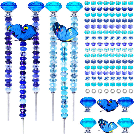 145 PCS Beaded Garden Stakes Kit, DIY Fairy Wand Garden Stake Beads Kits with Assortment Large Hole Beads 4 Crystal Stopper Top 2 Colored Butterfly Tops and Threaded Rods for Outdoor Indoor Decor