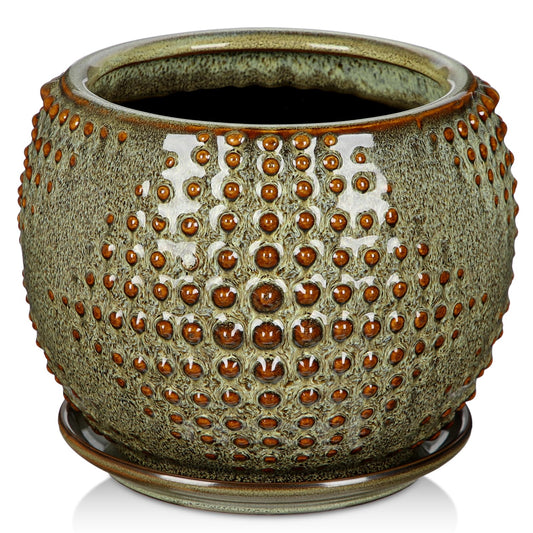 Oairse Ceramic Pot for Indoor Plants, 7 inch Plant Pot with Drainage Hole and Saucer Decorative Brown Planter with Saucer Indoor Outdoor Flower Pots for Succulent Snake Plant Pothos Orchid