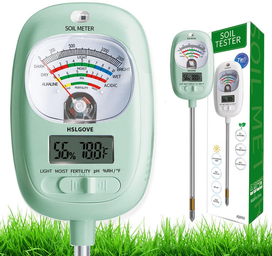 HSLGOVE Soil Test Kit, 7-in-One Soil Moisture Meter/Soil PH Meter/Fertility, Dual Screen Soil Tester w/Digital Soil Temp/Air Temp&Humidity for Plants Gardening,Lawn,Farm Indoor&Outdoor-AppleGreen