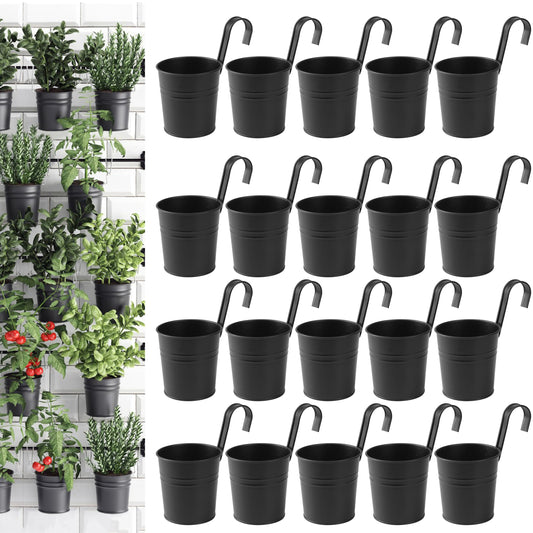 Biugaaufai 20 Pack 4 Inch Railing Hanging Planter, Black Small Hanging Bucket Planters, Metal Hanging Flower Pots, Metal Railing Bucket for Outdoor, Balcony, Fence, and Porch with Detachable Handles