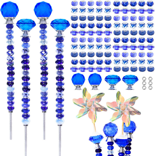101 PCS Beaded Garden Stakes Kit, DIY Fairy Wand Garden Stake Beads Kits with Dark Blue Large Hole Beads 4 Crystal Stopper Top Threaded Rods and 2 Colored Small Windmills for Outdoor Indoor Decor