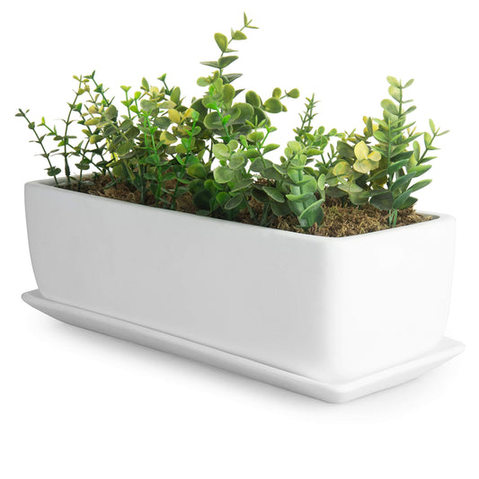 MyGift 14 Inch Ceramic Indoor Plant Pot with Drainage Hole, Rectangular Succulent Planter Window Box with Removable Saucer, Unglazed White