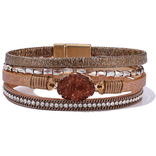 Becklynn Boho Leather Wrap Bracelets Beaded Crystal Stackable Cuff Bracelet with Magnetic Clasp Cowboy Cowgirl County Concert Outfits Western Jewelry Gifts for Women(Stone Brown)