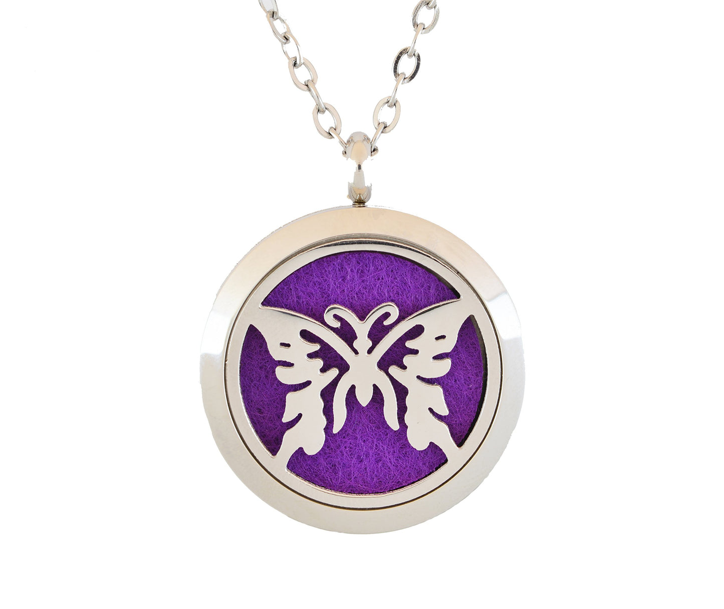 Aromatherapy Essential Oil Diffuser Stainless Steel 30MM Silver Magnetic Locket Pendant with Chain Necklace and Colored Refill Pads & Diffuser Bracelet All in a Velvet Bag (butterfly2)