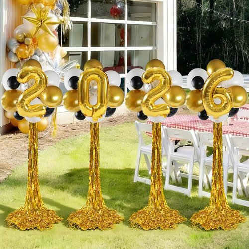 Graduation Balloon Columns Kit by 2026 - Set of 4 Stands with Gold Fringe Curtain for Party Backdrop