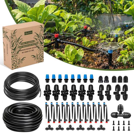 Spalolen Push-to-Connect Drip Irrigation System Kit, 2-Zone Garden Watering System with 50FT 1/2" Mainline, Leak-Resistant Quick Connect Fittings, Adjustable Emitters for Raised Beds, Greenhouse