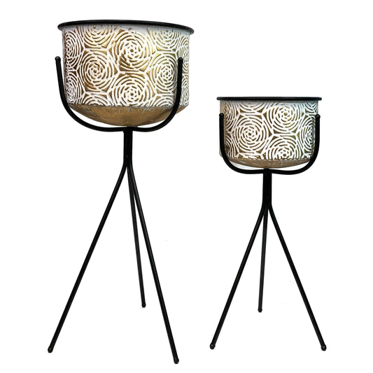 allgala HD88352 Deluxe Galvanized Planter Pot Indoor and Outdoor Decoration(Pack of 2, Gold Rose 3 Leg Stand)