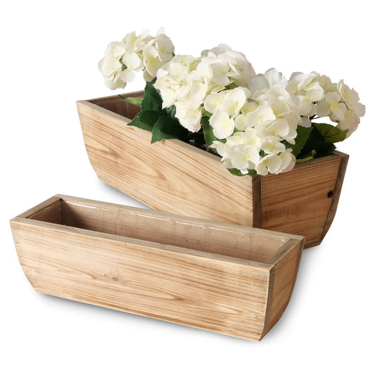 WHW Whole House Worlds Balcony Box Planters, Set of 2, Rectangular, Plastic Lined, Fir Wood, 21.75 and 15.75 Inches, Nesting
