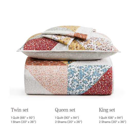 BLOOMHAVEN Quilt Set Queen Size, Patchwork Burnt Orange Floral Quilt Sets, Reversible Bedspread Lightweight and Breathable for All Seasons, Soft Quilted Bedspread with 2 Pillow Shams