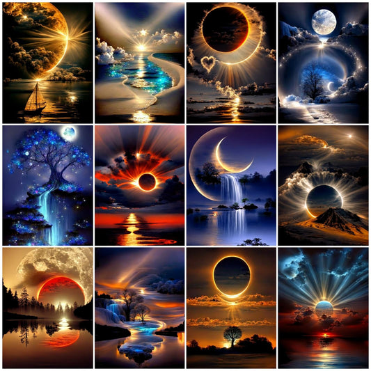 12 Pack Diamond Art Kits for Adults, Sunset Landscape 5D Diamond Painting for Adult Beginners,DIY Full Drill Round Gem Painting Dot Art Sets,Home Wall Decor 9.8x13.8 Inch