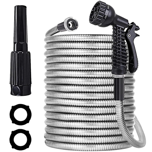 50ft Stainless Steel Garden Hose with 2 Nozzle Flexible Water Hose Lightweight Portable Tangle Free Metal Pipe for Patio Lawn Outdoor Heavy Duty Watering Water Pipe