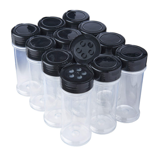 12 Pack of 6 Oz. Empty Clear Plastic Spice Bottles with Black Top Lids For Storing and Dispensing Salt, Sweeteners and Spices - Food-Grade Spice Jars for Kitchen and Home Spice Organization