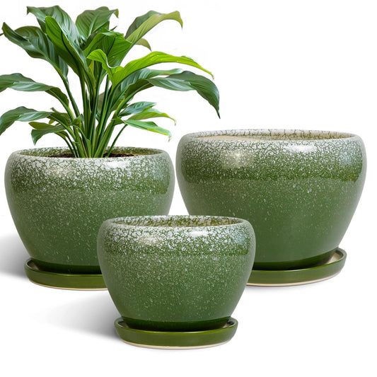 EPFamily Ceramic Pots for Plants, 10+8+6 Inch Round Decorative Planters for Indoor Outdoor with Drainage Holes and Saucers, Office Garden Room Patio Decor, Gifts for Plant Lovers, Set of 3, Green