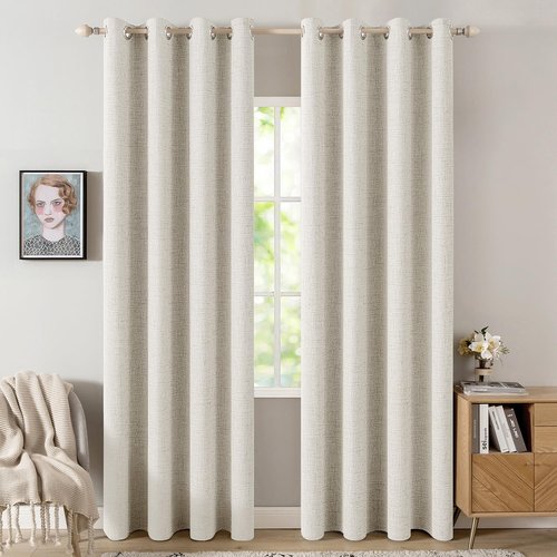 MIULEE Linen Texture Curtains - 100% Blackout Thermal Insulated Drapes | Beige, 52x72 Inch (2 Panels)