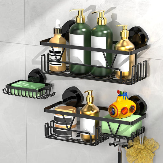 ZUNTO Suction Cup Shower Caddy | 3-Piece Reusable Shelf Organizers with Soap Holder & Hooks - No Drilling