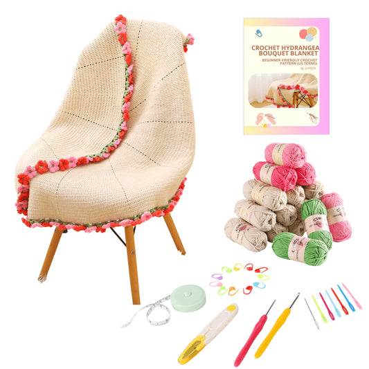 CSWCS Crochet Blanket Kit for Beginners, 40 inches Flower Bouquet Shawl Throw Kits for Adults, Learn How to Knitting with Yarn, Hook & Instructions, Gifts for Women Home Decor (Pink-red Hydrangea Kit)