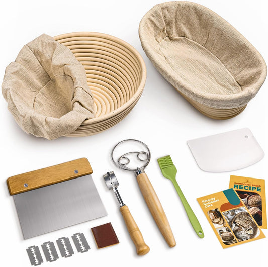 RORECAY Proofing Basket Set - 9" Round & 10" Oval Cane Baskets with Dough Whisk & Scrapers for Sourdough Baking