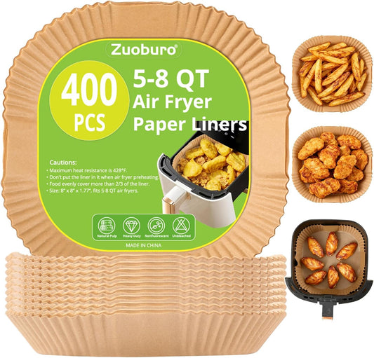 Skiennix Air Fryer Paper Liners - 400 Pcs Unbleached Non-Stick Parchment, 8 Inch Square for 5-8 QT