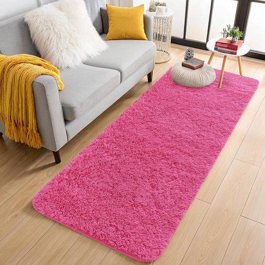 OLANLY Soft Fluffy Shaggy Runner Rug - Machine Washable 2x6 for Hallway, Bedroom & Nursery | Hot Pink Decor