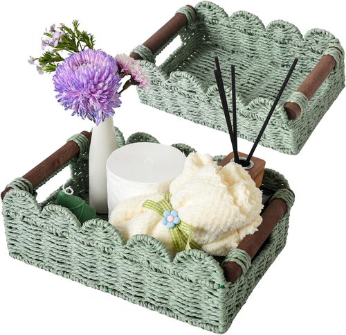 Handwoven Wicker Basket Set of 2 - Small Scalloped Toilet Paper Storage with Built-in Handles | Green
