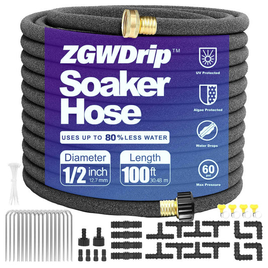 ZGWDrip 100FT 1/2" Water-Saving Soaker Hose with Solid Brass Connectors, Drip Irrigation Kit for Lawn & Landscaping with Metal Ground Stake & Accessory Kit