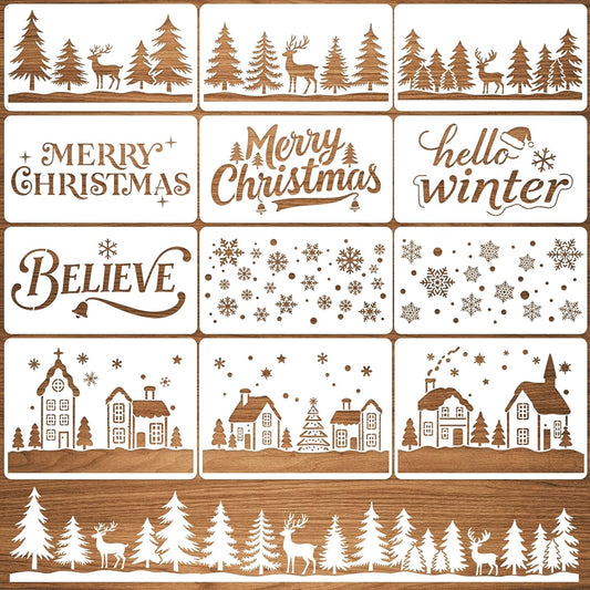 Skiennix Large Christmas Stencils - 12 Pcs Winter House, Snowflake & Pine Tree Designs for Painting on Wood & Glass