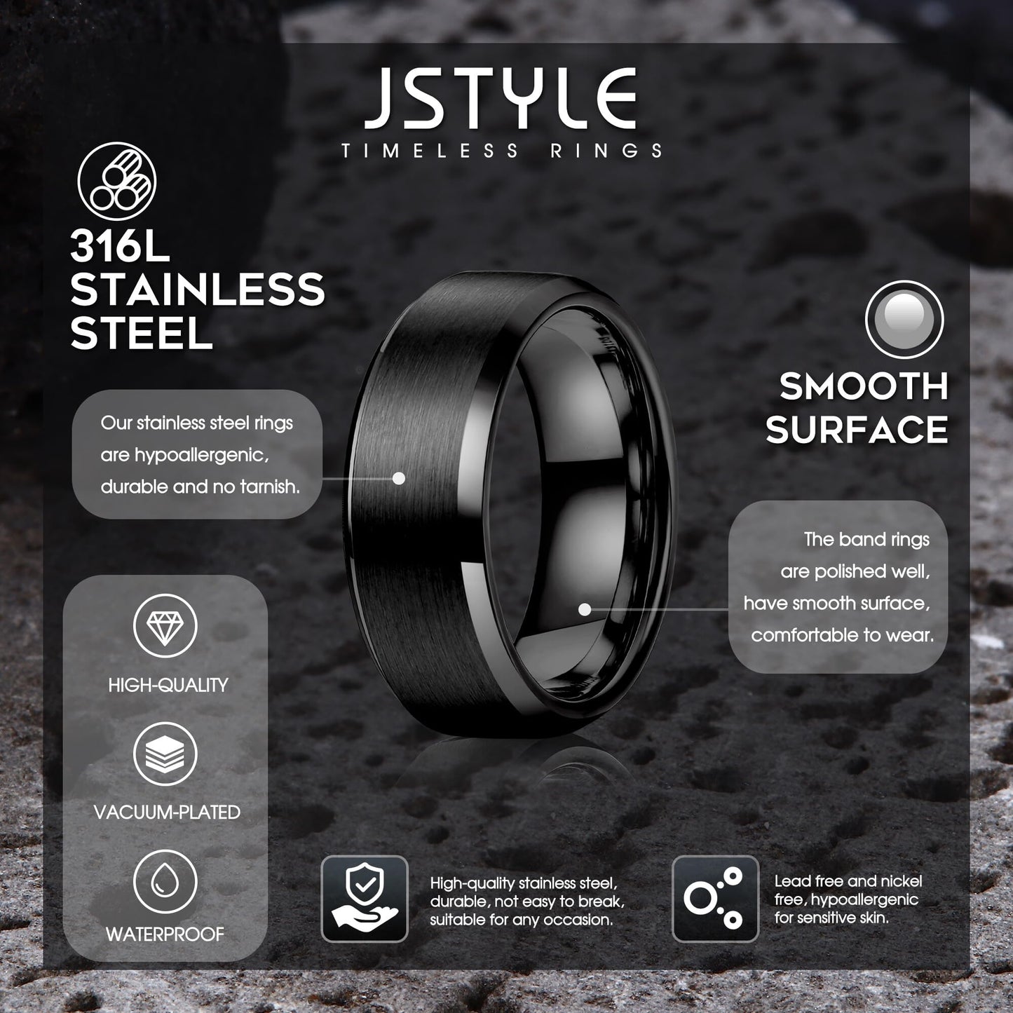 Jstyle Stainless Steel Rings for Men Women 8MM Wedding Band Rings Matte Surface - Beveled Polished Edge Mens Ring Size 9.5 Black Ring for Men