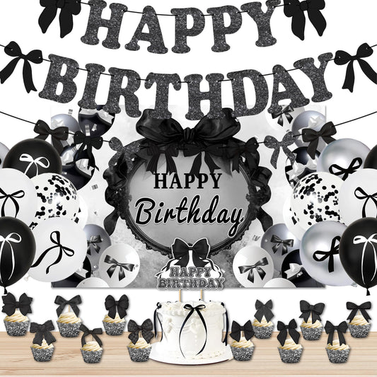 Black Bow Birthday Party Decorations Set - Cute Backdrop Banner, Hanging Banners, Balloons, Cake & Cupcake Toppers, Princess Theme Party Supplies Kit for Girls, Kids, Baby Shower