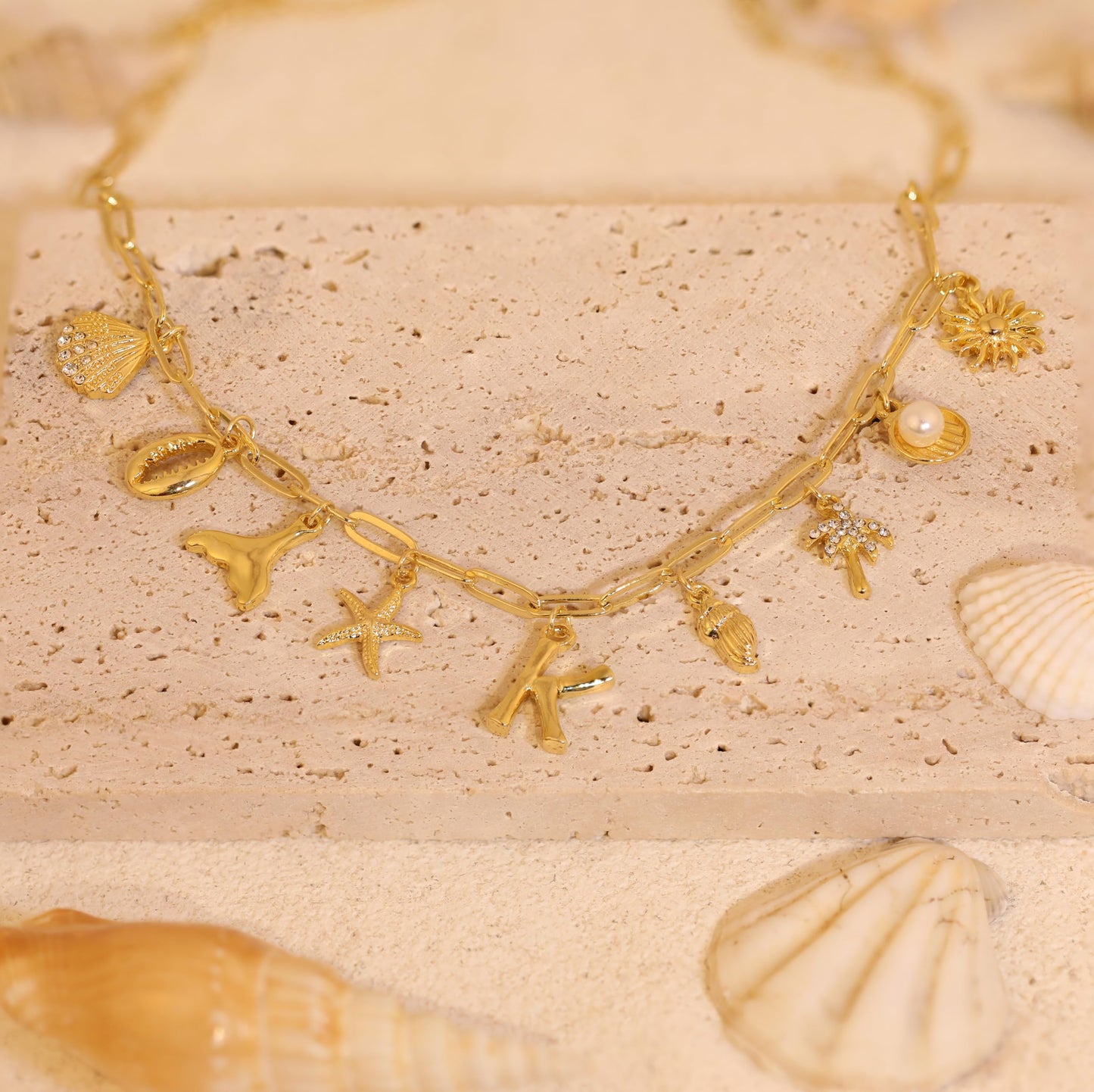 JALZEMPL Initial Charm Necklaces For Women Shell Letter Paperclip Chain Seashell Starfish Beach Summer Pendant Boho Surfer 14K Gold Plated Jewelry Gift (G)