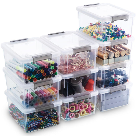 Citylife 1.3 QT 10 Pack Small Storage Bins Plastic Storage Container Stackable Box with Lids for Organizing, Clear White