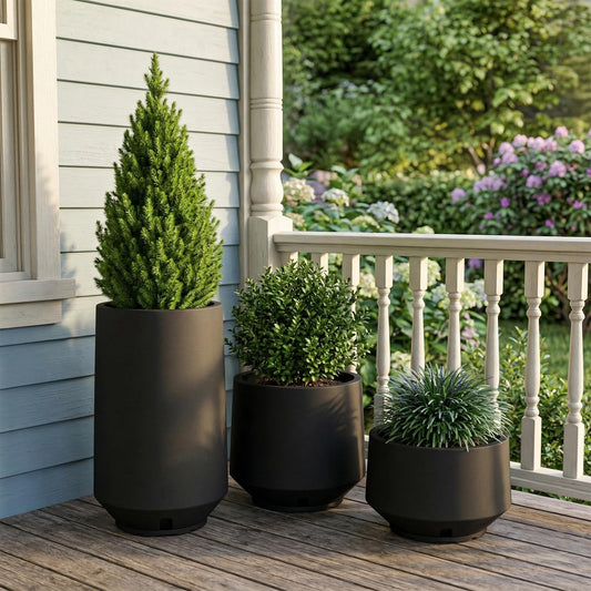 Floridis Berlin Set of 3 Planters, Indoor Outdoor Plant Pots with Drainage Hole and Saucer, Modern Plastic Planters for Patio, Porch, Entryway and Living Room (Black)