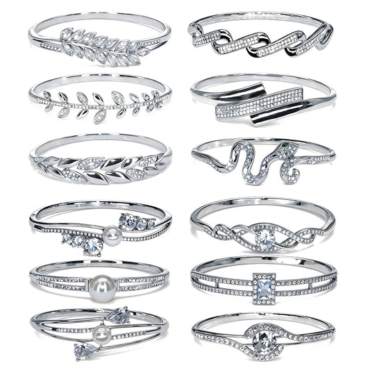 12 Pack Women's Zinc Alloy Fashion Jewelry Gold/Silvery Bangle Bracelet Bulk Set with Wheat/Olive Branch, Chain, Snake Shape, Pearl, Twisted Texture & Diamond-Embedded Square/Circular Stone Designs - For Daily Wear, Special Occasions & Women Gift for Her,