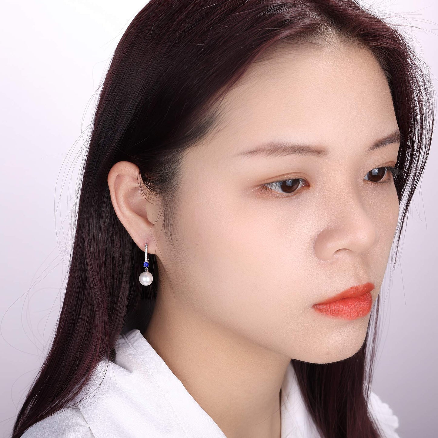 JO WISDOM Pearl Earrings,925 Sterling Silver 8mm Pearl Leverback Drop Earrings with 3A CZ September Birthstone Sapphire Color,Wedding Earrings