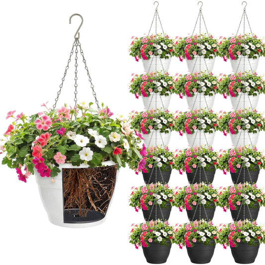 Romooa 20 Pcs 10 Inch Plastic Self Watering Hanging Planters Bulk Hanging Baskets for Plants Indoor Outdoor with Drainage Holes and Chain Plant Pot for Garden, Balcony, Porch, Patio Decor
