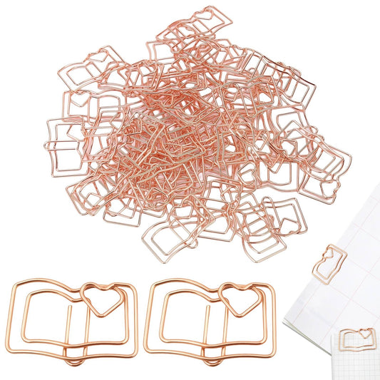 100PCS Cute Metal Book Shaped Paper Clips, Rose Gold Decorative Paperclips Mini Bookmark Planner Clips Document Note Sorting Organizer for Wedding Decorative Office Supplies