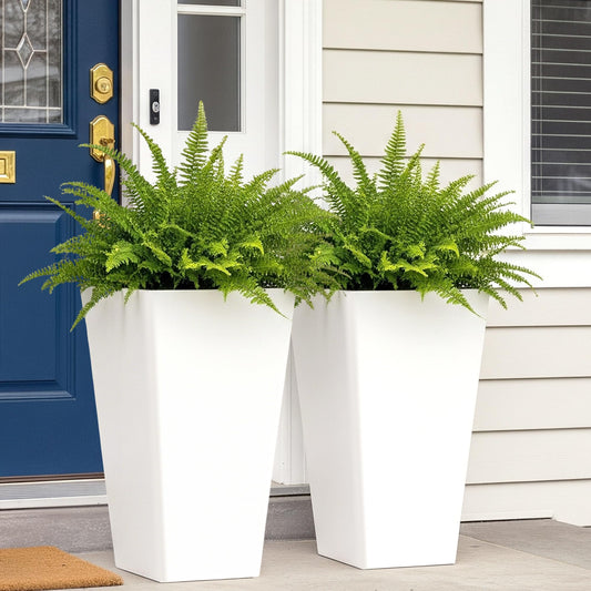 Worth Garden 20" Tall Planters Set of 2 – Large White Tapered Plastic Flower Pots for Indoor & Outdoor Use – Modern Plant Containers with Drainage Holes – Ideal for Front Porch, Patio, Balcony