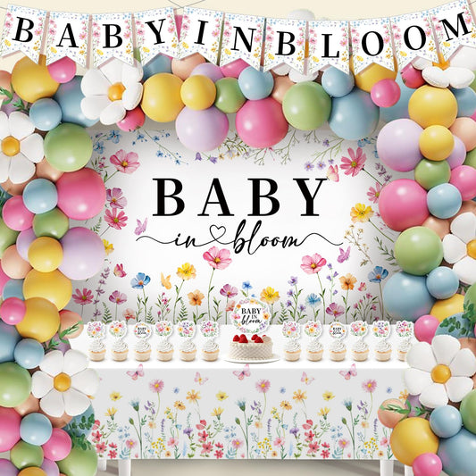 Baby in Bloom Baby Shower Decorations for Girl - 92pcs Balloons Garland Kit, Baby in Bloom Banner, Backdrop, Floral Tablecloth, Daisy Balloons, Cake and Cupcake Toppers