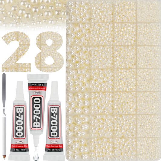 18000 Pcs Ivory Beige Cream Flatback Pearls Kit for Crafts, 2-10mm Half Round ABS Beads with 3 B7000 Glue, Tweezers & Picker Pencil, Faux Pearls for Nail Art Tumblers DIY Jewelry Making