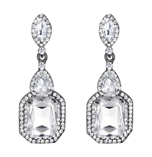BriLove Wedding Bridal Dangle Earrings for Women Emerald Cut Crystal Infinity Figure 8 Chandelier Jewelry Clear Black-Silver-Tone