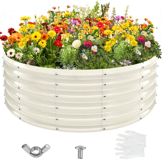 YSEJOMP 17" Tall Round Outdoor Garden Raised Garden Bed Kits-0.8MM Thick Metal Raised Planter Bed/Ground Planter Box for Variety of Flowers,Herbs,Vegetables,Trees (Cream White, 48 Dia X 16.5inches)