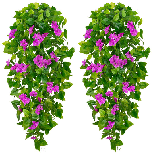 BLEUM CADE Artificial Hanging Flowers for Outdoors, 2pcs Fake Hanging Plants Pothos Vines with Purple Flowers for Wall Home Living Room Indoor Outdoor Decor (No Baskets)