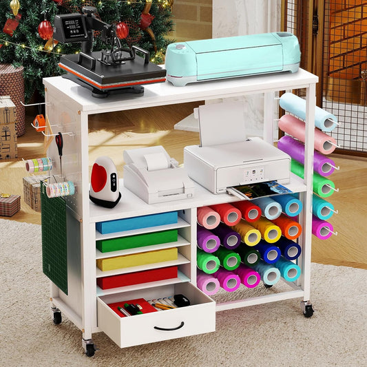 Skiennix Craft Storage Cart - Mobile Organizer with Vinyl Roll Holder & Drawers | Ideal for Studios & Offices