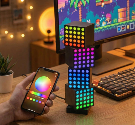 YEELIGHT Smart Pixel Art Table Lamp, 4 Pack Cube Light Kit with Music Sync, DIY LED Display with Clock Mode, RGB Mood Night Light Works with Matter and Alexa, App Control, for Gaming Room & Bedroom