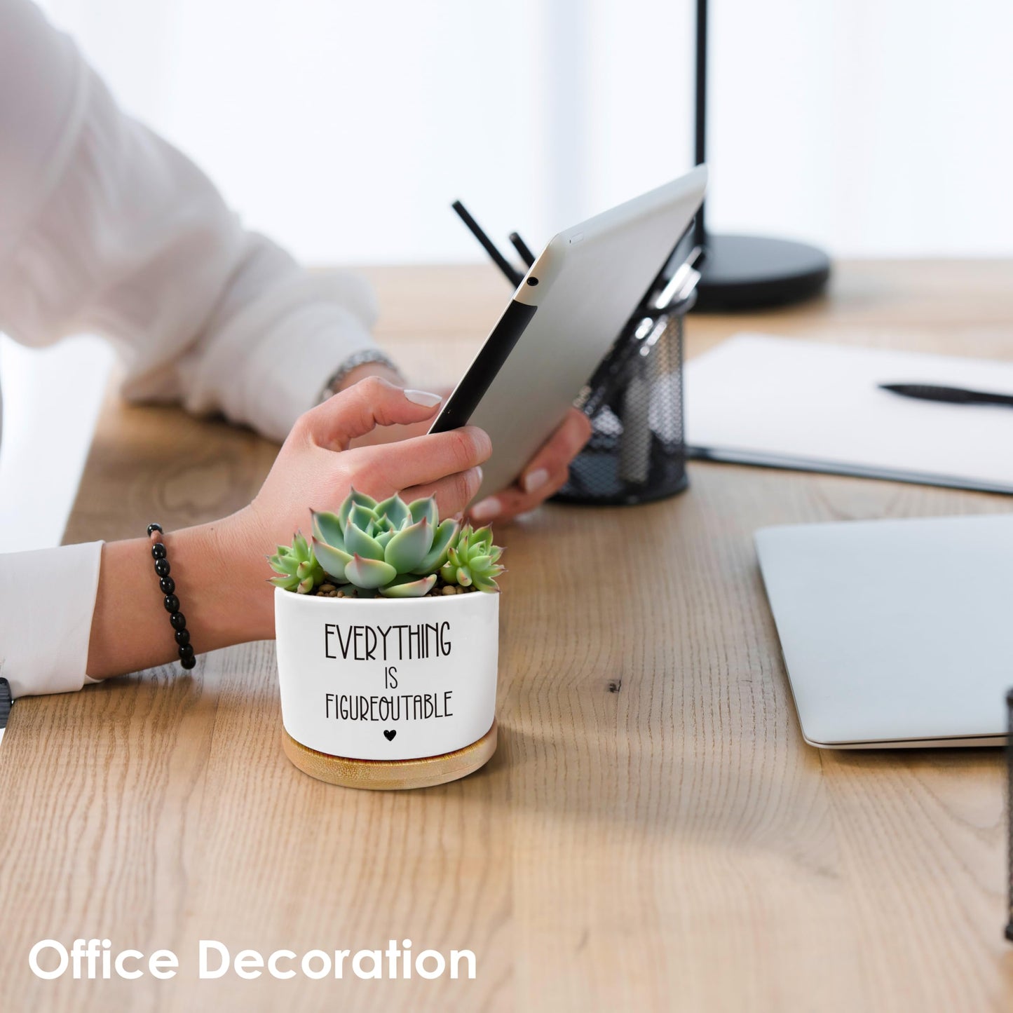ROXMART Everything is Figureoutable Plant Pots, Motivational Gifts for Women Men Succulent Planters, Positive Affirmation Gifts Ceramic Plant Flower Pots for Home Office Desk Table Shelf(No Plants)