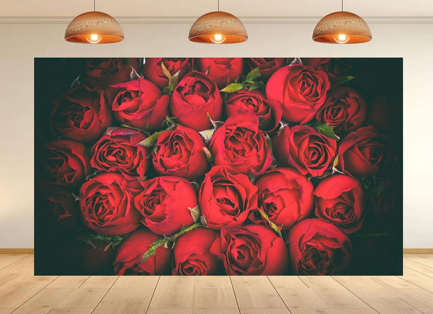 UPXIO 8x6ft Dense Red Roses Bouquet Backdrop Romantic Floral Deep Red Petals Photo Background Tapestry for Wedding